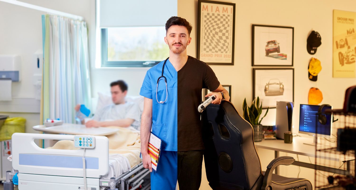 split image showing a healthcare professional at the bedside of a patient and at home standign beside his gaming setup.