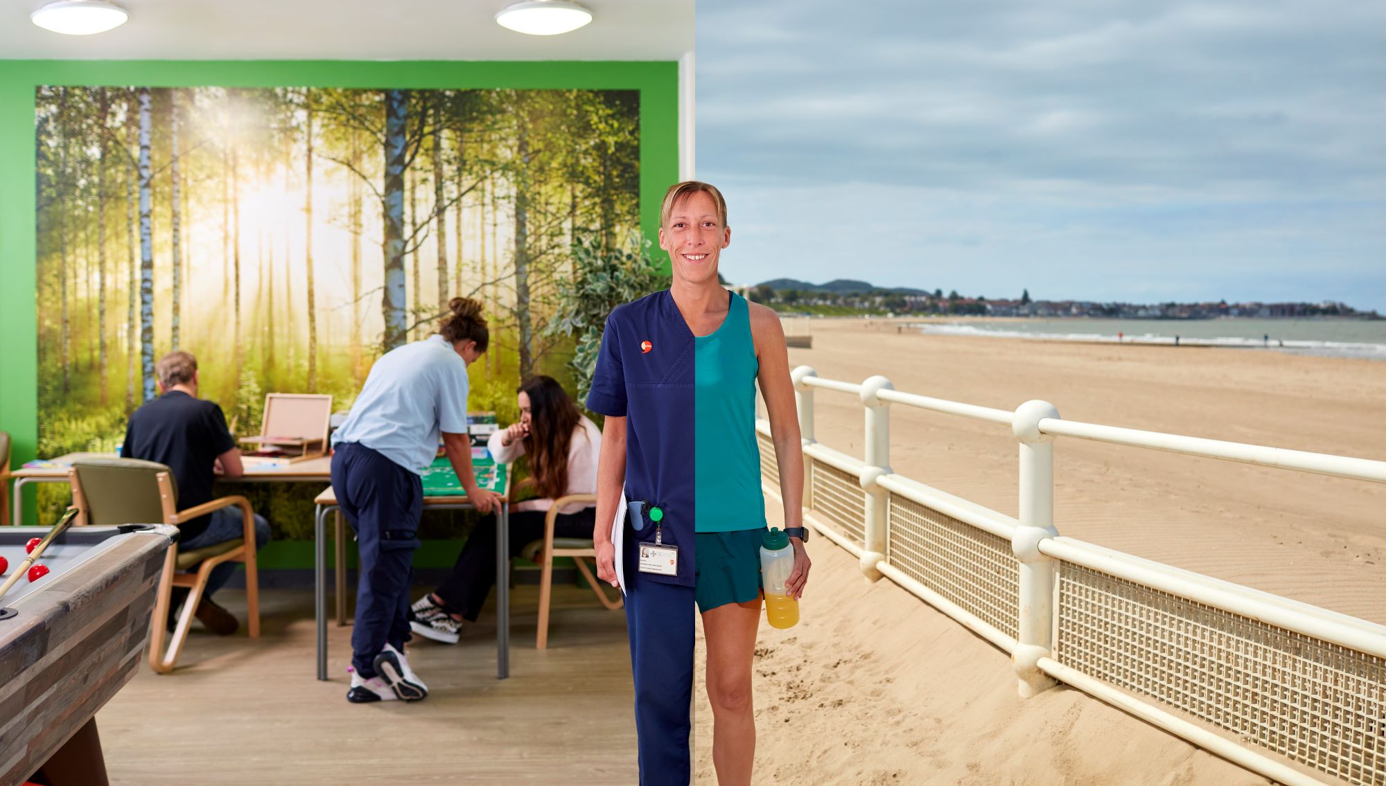 split image showing a lady at work and out for a run in her free time